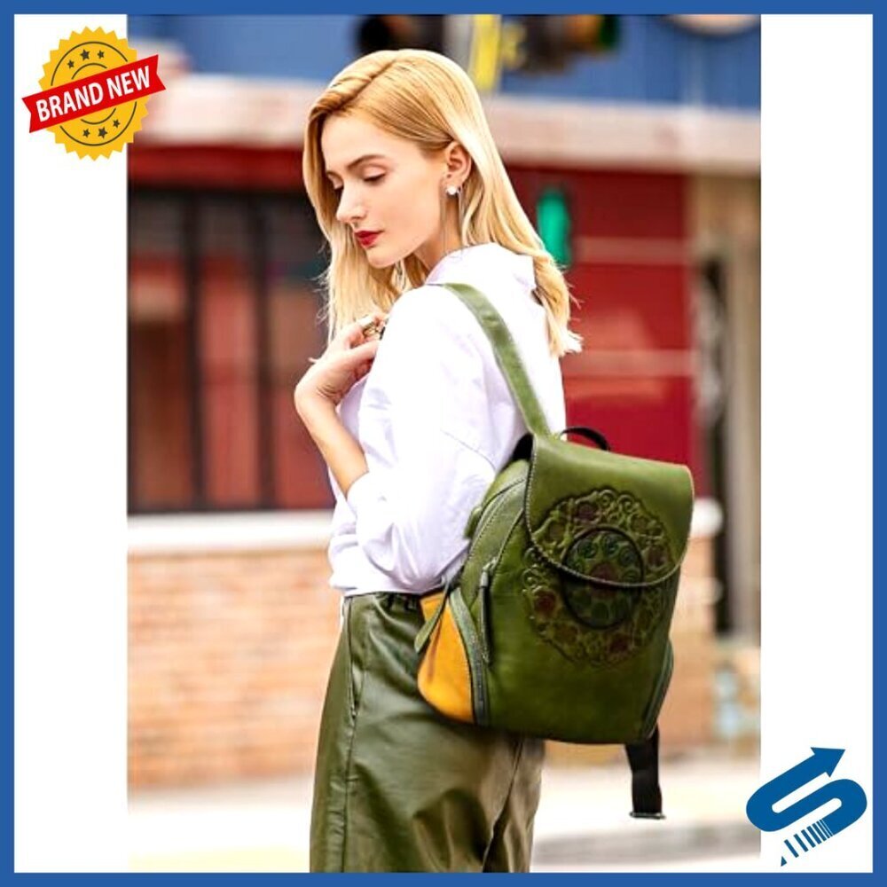 Genuine Leather Travel Backpack Purse Anti-Theft USB Charging Vintage Embossed - Picture 3 of 6